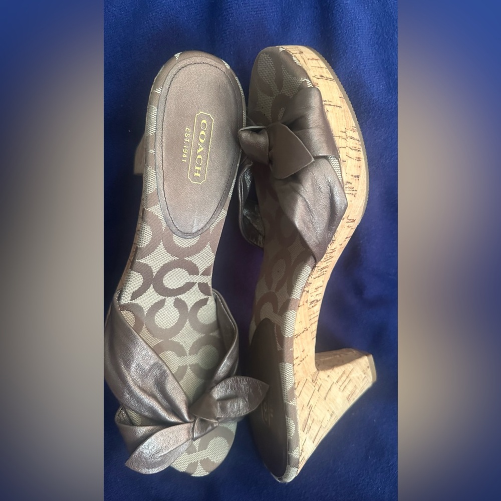 Coach Brown Wedge Sandals with Bow Accent